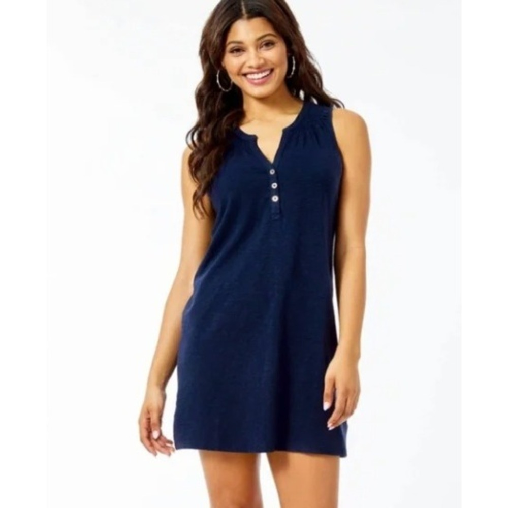 Lilly Pulitzer Essie Navy Blue Smocked Henley Sleeveless Top Cotton Modal Size M